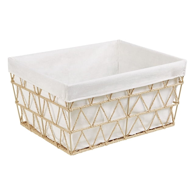 HOMETRENDS Panier de Rangement avec un Cadre Rectangulaire en Fer Enveloppé de Corde en Papier Naturel Formant un Motif Triangulaire, Doté d'Une Doublure en Tissu Blanche Amovible, Mesurant 17.5 Po L x 13.5 Po P x 9 Po H, Idéal pour Organiser des Articles à la Maison Ou au Bureau et Convient au Rangement de Serviettes Ou de Articles de Toilette.