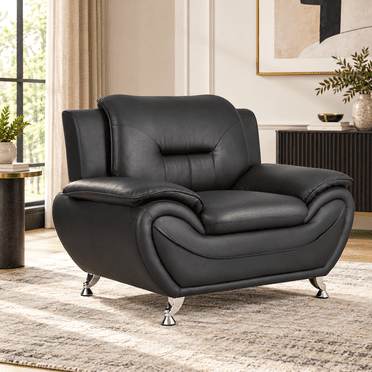 K-Living Modern Black Leathaire Upholstered Living Room Chair with Padded Backrest, Cushioned Seat and Metal Legs