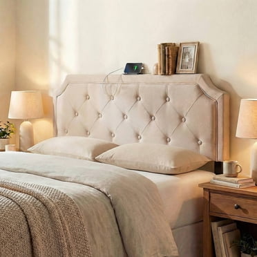 Costway Tête de Lit pour Lit Grand et Double, Tête de Lit Capitonnée Rembourrée avec 2 Prises CA Beige