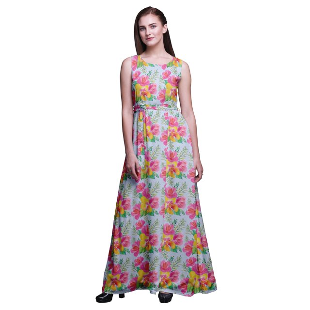 Bimba Robe de Soirée Sans Manches à Imprimé Floral pour Femme à Col Rond - Medium