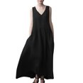 thumbnail image 1 of Gspmoly Robes pour Femmes, Nouvelle Robe d'Été Européenne Ample Plissée à la Mode Sans Manches en Lin Uni, Robe Sans Manches à Col en V et Longueur Cheville, Robes de Vacances pour Femmes jusqu'à 65 % de Rabais, 1 of 5