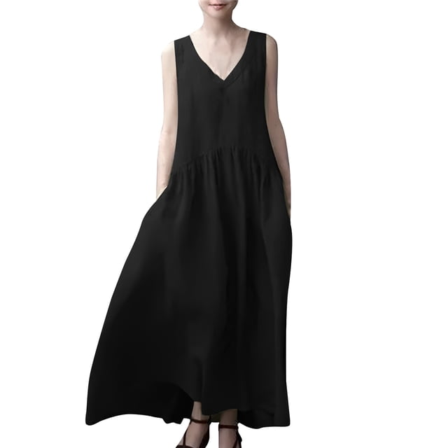 Gspmoly Robes pour Femmes, Nouvelle Robe d'Été Européenne Ample Plissée à la Mode Sans Manches en Lin Uni, Robe Sans Manches à Col en V et Longueur Cheville, Robes de Vacances pour Femmes jusqu'à 65 % de Rabais
