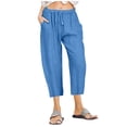 thumbnail image 2 of XZNGL Casual Cotton Linen Drawstring Elastic Waist Wide Leg Cropped Pants for Women, Breathable Summer Spring Fall All-Season Wear, Solid Color, 2 of 6