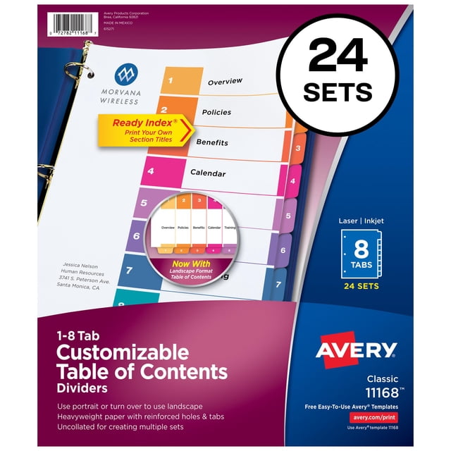 Avery 8 Tab Dividers for 3 Ring Binders, Customizable Table of Contents, Multicolor Tabs, 24 Sets (11168)