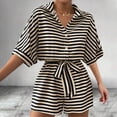 thumbnail image 2 of Womens Summer Casual Striped Rompers Button V Neck Short Sleeve Short Jumpsuit with Belted Linen Rompers Women Khaki S, 2 of 4