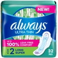thumbnail image 1 of Always Ultra Thin Feminine Pads with Wings for Women, Size 2, Long Super Absorbency, Unscented, 32 Count, 1 of 13
