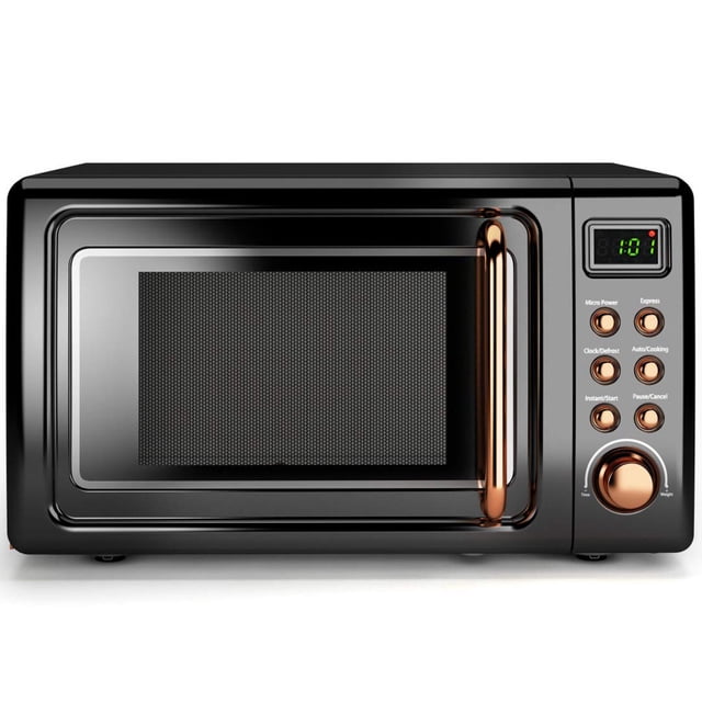 Costway 0.7Cu.ft Retro Countertop Microwave Oven 700W with black and rose gold finish, featuring an LED display, six control buttons, a child lock, and a glass turntable for 360-degree heating. Compact retro design ideal for small spaces like apartments and dorms.