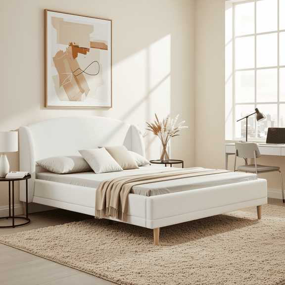 Homy Casa King Boucle Upholstered Platform Bed Frame with Curved Headboard, Wood Slats, Robot Vacuum Clearance, White