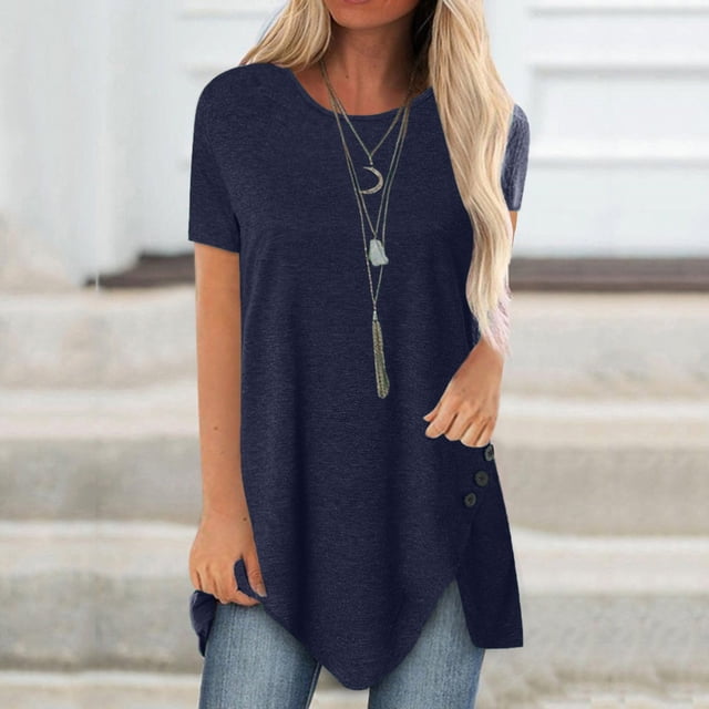 AherBiu T-Shirts pour Femmes Grande Taille Col Rond Coupe Ample T-Shirts Surdimensionnés T-Shirts d'Été Confortables Ourlet Uni