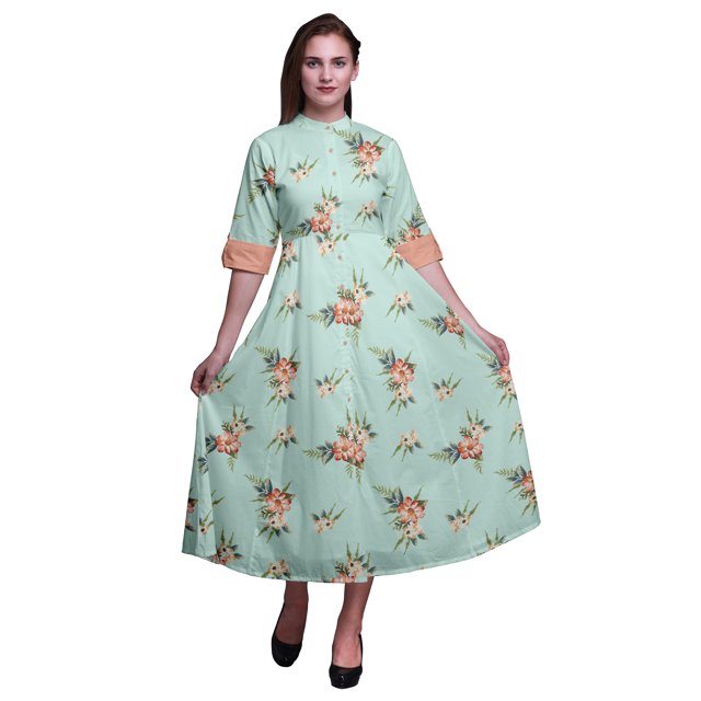 Bimba Robe-Chemise Mi-Mollet pour Femmes à Manches Roulées à Imprimé Floral Boutonnée - XX-Grand