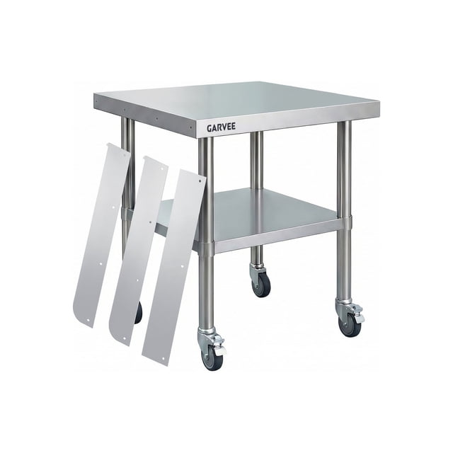 Heavy Duty Stainless Steel Commercial Work Table – Removable 3-Sided Rim, Adjustable Undershelf, 4 Locking Wheels, Utility Prep Station for Restaurant, Kitchen, Garage, Bakery – 24x24 Inches