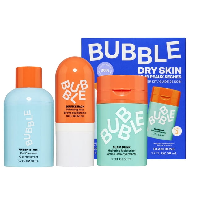 Bubble Skincare 3-Step Hydrating Routine Bundle for Normal to Dry Skin with Fresh Start Gel Cleanser 50ml in light blue bottle with orange cap, Bounce Back Balancing Mist 55ml in orange and white bottle, and Slam Dunk Hydrating Moisturizer 50ml in mint green bottle with orange cap, displayed alongside blue branded box, suitable for daily hydration and skin balance.