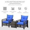 thumbnail image 4 of Outsunny 3 Pieces Wicker Patio Furniture Set, Rattan Bistro Set with Storage Coffee Table and Thickened Cushions, Outdoor Conversation Set for Garden, Porch, Balcony, Blue, 4 of 10