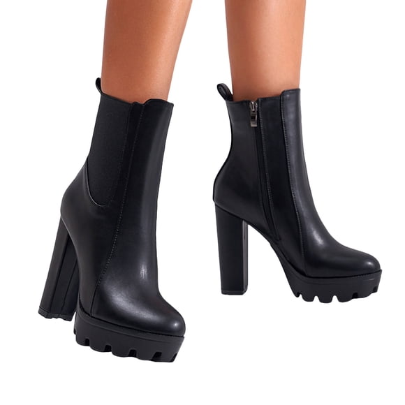 Womens Black Leather Platform Chunky High Heel Chelsea Boots Side Zipper Stretchy Mid Calf Dress Ankle Booties