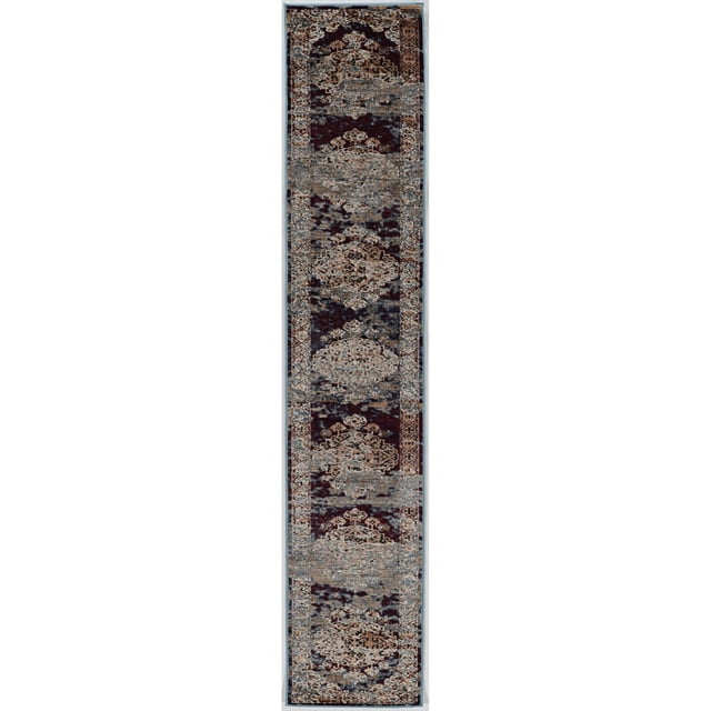 Vintage Nain Beige & Blue 2' x 10' Runner Rug featuring a distressed vintage pattern in beige and blue tones, machine-made microfiber polyester with a short velvet-like pile, ideal for hallways and narrow spaces, often used to add warmth and style to entryways.