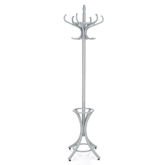Giantex Coat Rack Free standing, Wooden Coat Rack Tree with 12 Hooks and Umbrella Stand, Entryway Hall Tree for Hats Clothes Handbags (Grey)