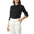 thumbnail image 1 of INSPIRE CHIC Women's Ruffled Trim Button Down Stand Collar Long Sleeve Blouse Top S Black, 1 of 8