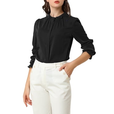INSPIRE CHIC Women's Ruffled Trim Button Down Stand Collar Long Sleeve Blouse Top S Black