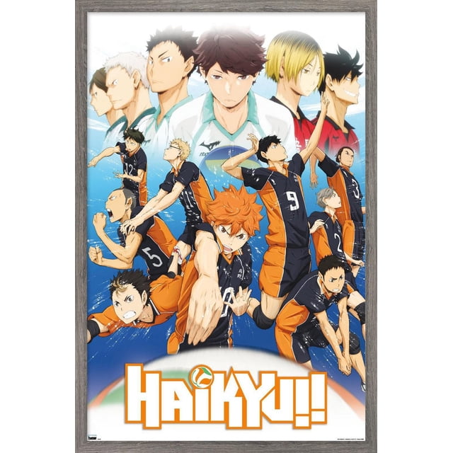 Haikyu!! - Affiche Murale Key Art 2, 22,375 Pouces x 34 Pouces Encadrée Présentant des Joueurs de volleyball d'Anime en Uniformes Noirs et orange dans des poses d'Action Dynamiques sur un Fond Bleu avec des Personnages Plus Grands Délavés en Chandails Blancs et Rouges au-Dessus et le logo Haikyu!! au Bas, Convient pour Décorer des Chambres, des Bureaux Ou des Résidences Étudiantes.