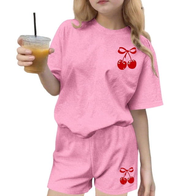 Robe d'Été avec Manches Ensemble de Loisirs d'Été pour Enfants Col Rond Manches Courtes Haut et Shorts Ensemble Deux Pièces Mignon Ensemble d'Été