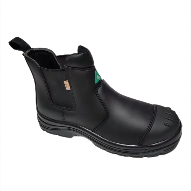 RICHCHEM CSA Men's work boots with steel toe, featuring a full grain leather upper for breathability and durability. These safety footwear boots include a CSA-approved Kevlar puncture-resistant midsole, a high abrasive double-density PU injection outsole, and a TPU scuff-resistant bumper toe. Designed with an HMX TECH waterproof membrane for dryness and comfort, ideal for work environments.