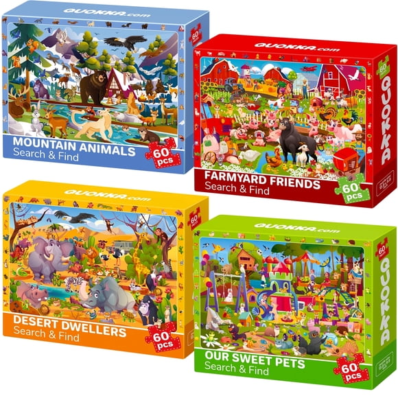 QUOKKA Puzzles for Kids Ages 4-6 - 4-Pack 60 Piece Search and Find Animals Jigsaw Puzzle - Educational Games Gift