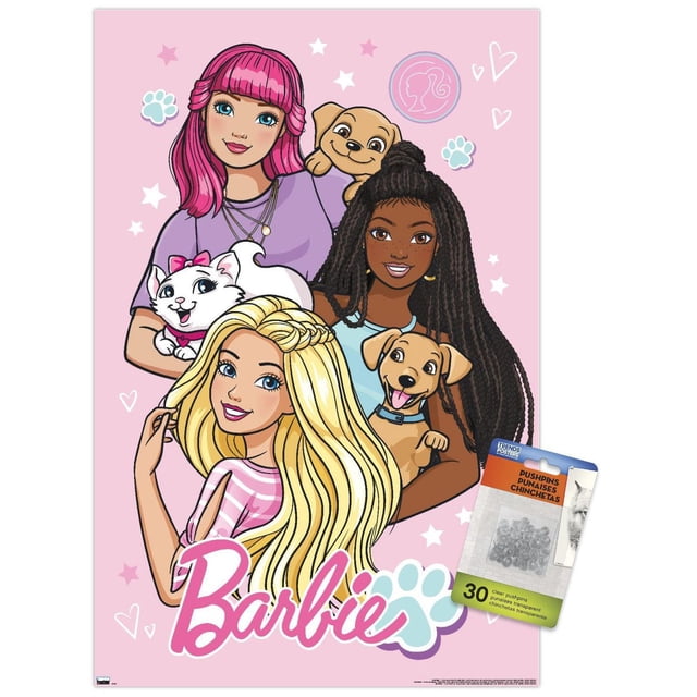 Mattel Barbie - Cute Wall Poster, 22.375" x 34" depicting three girls with different hairstyles holding two puppies and a white cat on a pink background with stars, hearts, paw prints, and the Barbie logo, printed on glossy paper with included adhesive mounts suitable for bedroom or dorm wall decor.