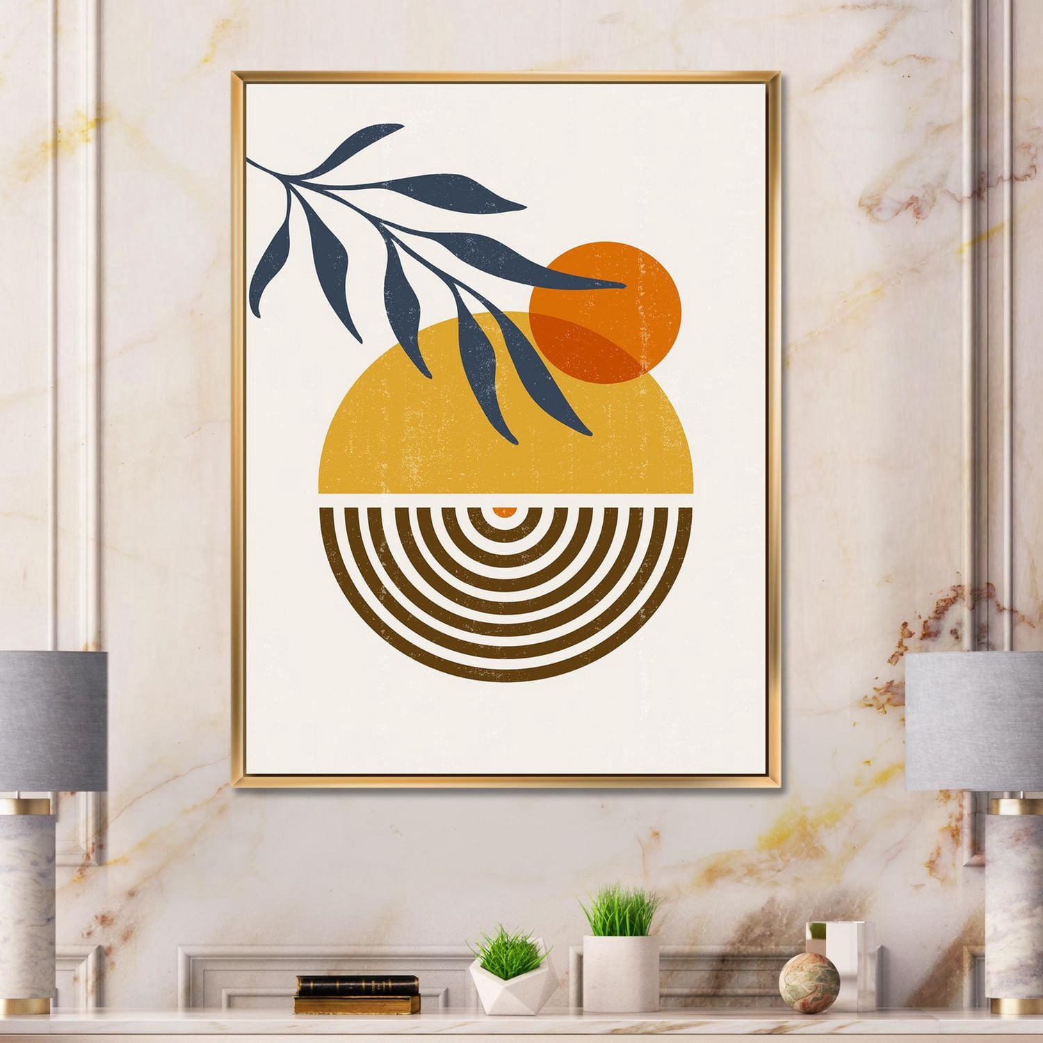Designart Botanical Minimalist Leaf With Abstract Shapes IV FLOAT FRAME WALL ART