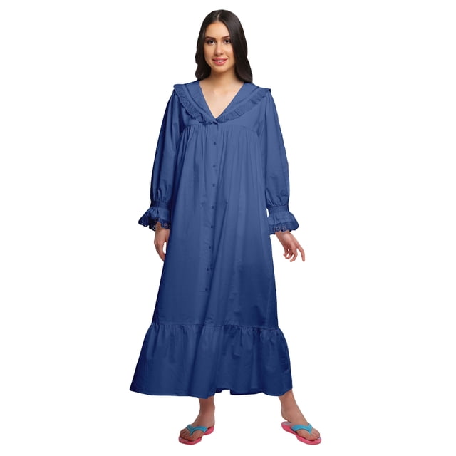 Moomaya Solid Nightdress For Ladies Cotton Ruffled Border Nursing Nightwear