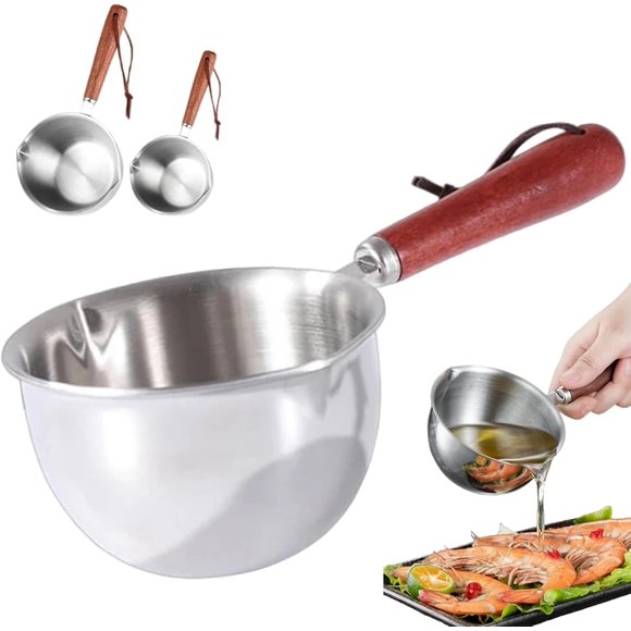 Home Kitchen 304 Stainless Steel Mini Oil Pan, Oil Pot and Milk Pan,Sauce Pans with Wooden Handle and Dual Pour Spout for Induction Gas Electric Stove, for Kitchen Frying Drizzling Pouring