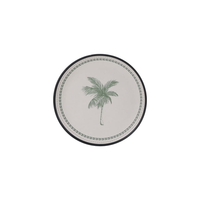 Hometrends Palm Bamboo Melamine Salad Plate 8.5 Inch with a green palm tree decal and leaf border on a white background, made of 55% bamboo and 45% melamine, durable and lightweight, suitable for appetizers, desserts, or small salads, and often used as a decorative serving plate.