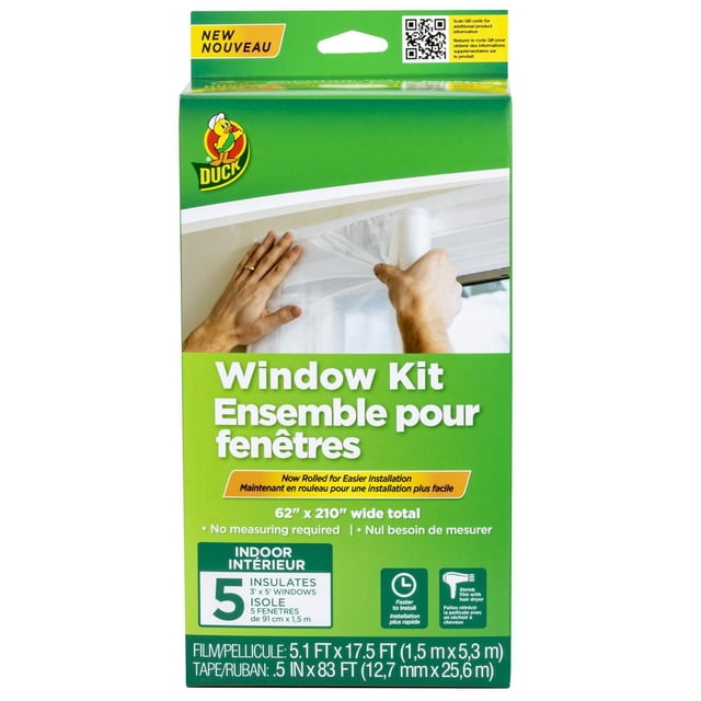 Duck Brand Rolled Window Insulation Kit in green packaging showing hands applying clear shrink film on a window frame, sized 62 in. by 210 in., designed to insulate five 3x5 ft indoor windows with easy no-measure installation and shrink film that tightens using a hair dryer.