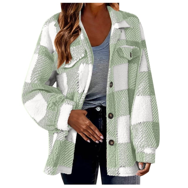 Timegard Womens Jacket Plus Size Plaid Stand Collar Button down Fleece Hooded Jacket Winter Fuzzy Warm Coat