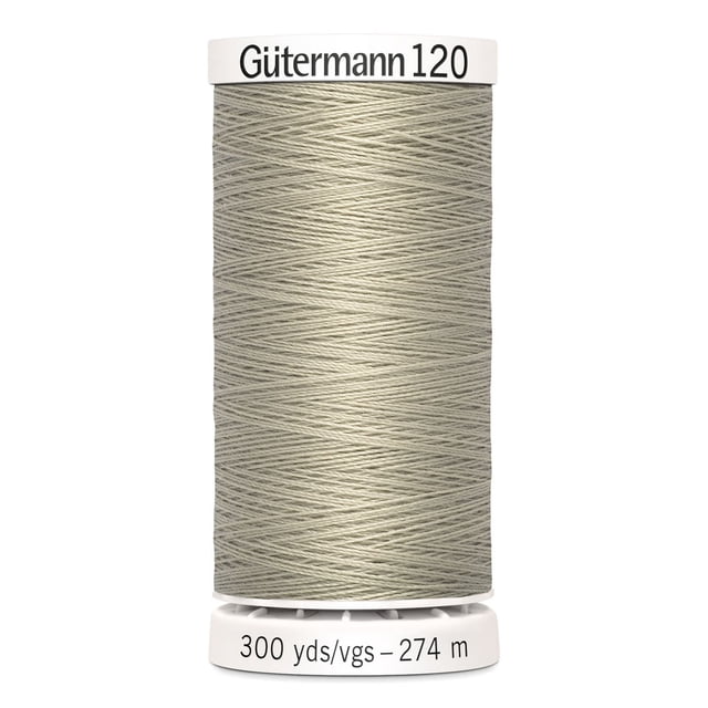 Gutermann 120 100% polyester all purpose thread spool in light grey, tightly wound on white plastic bobbin labeled with brand and length 300 yards (274 meters), suitable for machine and hand sewing woven, knit, and synthetic fabrics, also ideal for craft and mending projects.