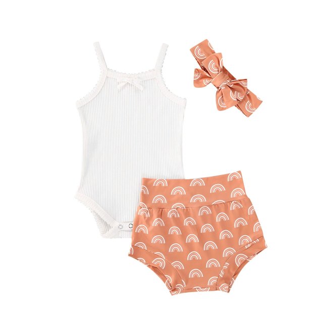 Infant Baby Girls Summer Suit Set Knitted Suspender Romper Top+Print Short Pants +Headband 3PCS Outfit