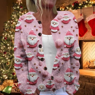 Women's Cardigan Christmas Print Casual Button Up Sweater Jacket Cozy Winter Fashion Knitwear Top For Ladies Autumn Holiday Season