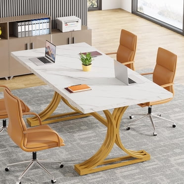 Tribesigns Table de Conférence en Faux Marbre de 63 Pouces, pour 4 à 6 Personnes, Table de Réunion Blanche avec Pattes en Métal Doré, Bureau d'Affaires Moderne pour Bureau à Domicile