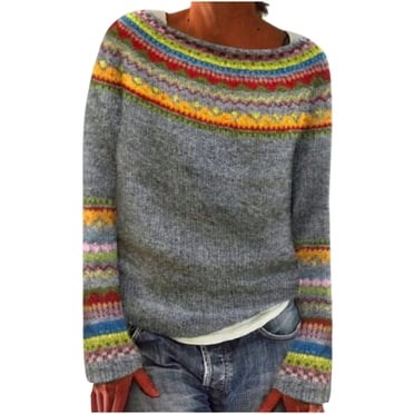 LOVZFMLL Chandails pour Femmes, Chandail à Col Rond en Acrylique Style Fair Isle Vintage Décontracté Basique Ample à Manches Longues Hauts Chauds Vêtements d'Automne Hiver