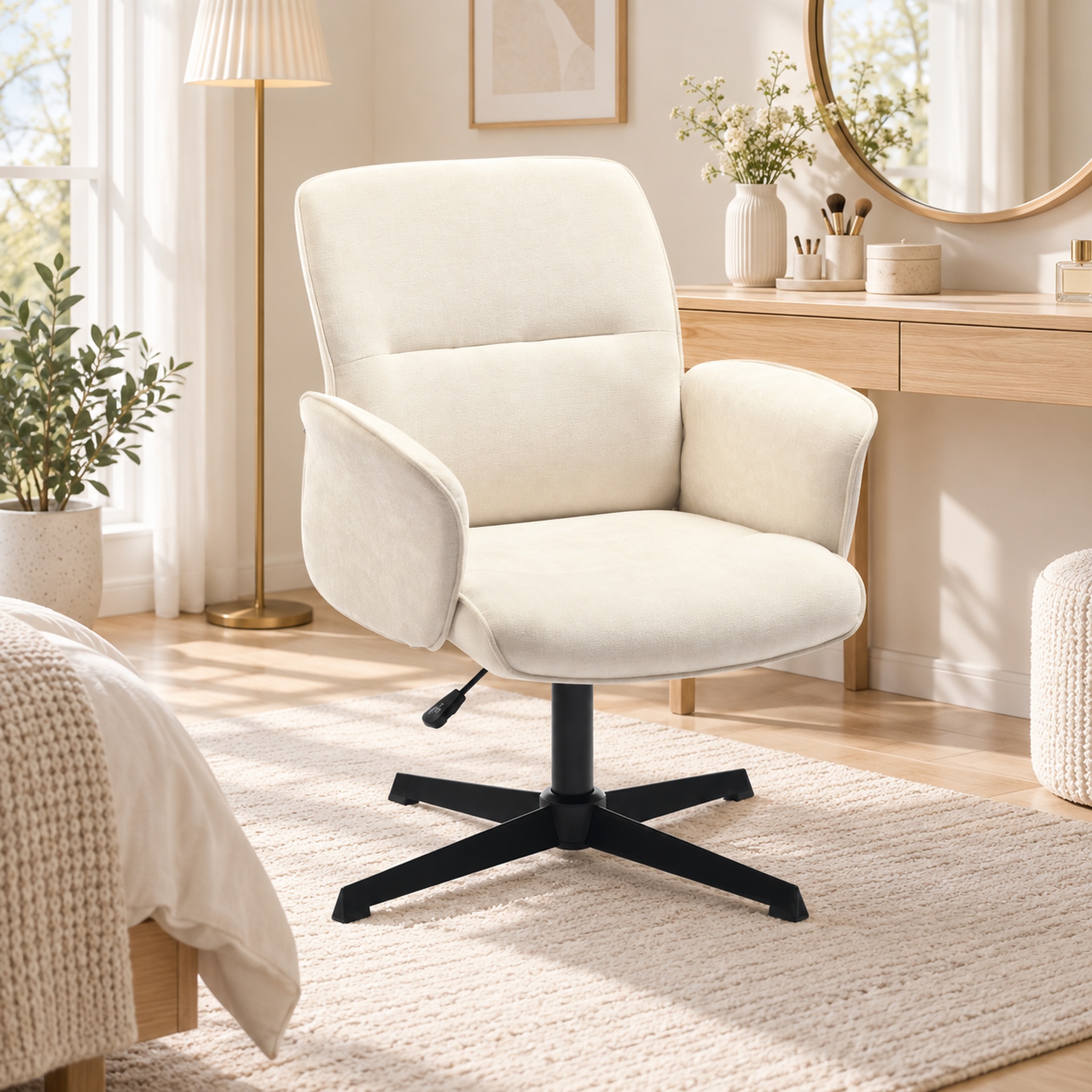 Homy Casa Cream Chenille Vanity Chair, Height-Adjustable 360° Swivel Makeup Desk Chair with Padded Arms