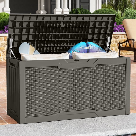 Dextrus Coffre de Terrasse en Résine Rotin de 80 Gallons, Contenant de Rangement Extérieur Robuste Verrouillable, Organisateur Polyvalent pour Terrasse pour Outils de Jardin, Articles de Piscine et Essentiels pour la Maison, Noir, Brun Pâle