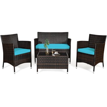 Patiojoy 4PCS Patio Rattan Wicker Furniture Set Sofa Chair Table Set w Turquoise Cushions