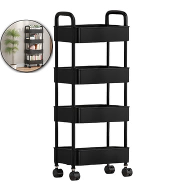 Dvruxg 4-Tier Plastic Rolling Utility Cart with Handle, Multi-Functional Storage Trolley for Office, Living Room, Kitchen, Movable Storage Organizer with Wheels, Black