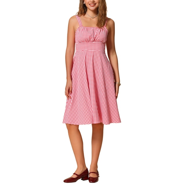 INSPIRE CHIC Robe Sans Manches en Vichy pour Femme Vintage à Carreaux Froncée Ligne A Fluide Midi Rouge TG