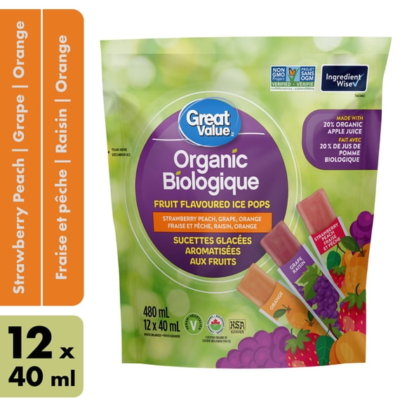 Sucettes glacées aromatisées aux fruits biologiques Great Value - Fraise et pêche, Raisin, Orange - 12 x 40 ml