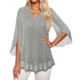thumbnail image 1 of Double Layer Thread Mesh Loose Fit Blouse Top With Flared Three Quarter Sleeves And Elegant Collar Design For Summer Casual Wear And Fashion Outfits Women'S T-Shirts Grey M, 1 of 4
