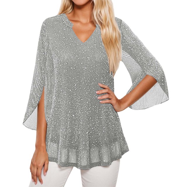 Double Layer Thread Mesh Loose Fit Blouse Top With Flared Three Quarter Sleeves And Elegant Collar Design For Summer Casual Wear And Fashion Outfits Women'S T-Shirts Grey M