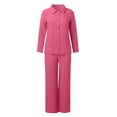 thumbnail image 4 of GDREDA Womens Cotton Linen Set 2 Piece Outfits Summer Button Down Shirt Wide Leg Pants Matching Sets Pink,S, 4 of 5