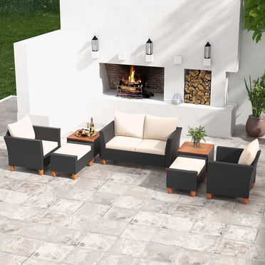 Costway Ensemble de Mobilier de Patio 7 Pcs avec Causeuse, Fauteuils, Ottomans et Table de Rangement