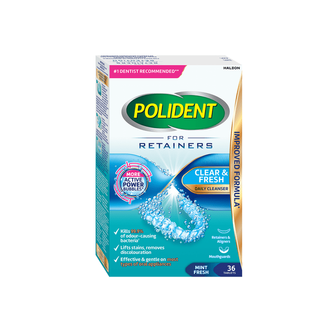 Polident for retainers tablets daily cleanser box with 36 mint fresh tablets featuring active power bubbles, kills 99.9% of odour-causing bacteria, removes stains and discoloration, gentle on retainers, aligners, and mouthguards.