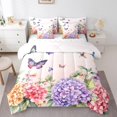 thumbnail image 1 of 7 Pcs Colorful Butterfly Queen Bedding Set for Girls Kids Purple Hydrangea Bed In A Bag Romantic Themed Comforter Set With Sheets Rustic Farm Floral Bed Set for Boys Teen Dreamy Butterfly Sheet Set, 1 of 5